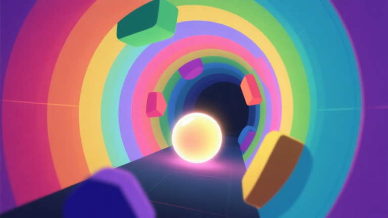 自动生成图片: A first-person view from inside a vibrant color tunnel, with a glowing ball navigating past mismatched colored obstacles, soft gradient lighting, digital art style high quality illustration, detailed, 16:9