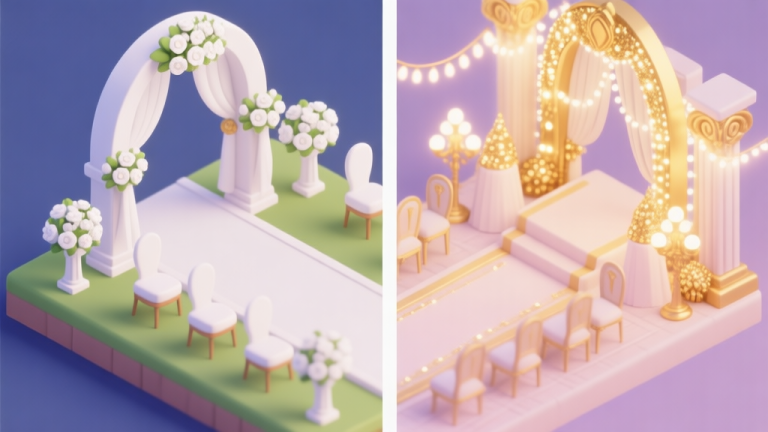 自动生成图片: A split-screen game scene showing two distinct wedding setups on one side classic with white flowers and arches, on the other side glamorous with gold decorations and sparkling lights, soft pastel color palette, isometric view high quality illustration, detailed, 16:9