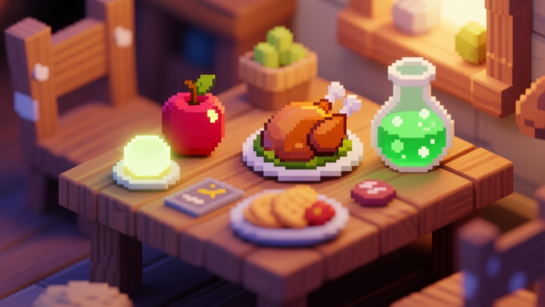 自动生成图片: A cozy, inviting game scene with a wooden table holding various pixel-art food items like a glowing apple, a small roasted chicken, and a bubbling potion, soft warm lighting, isometric view high quality illustration, detailed, 16:9