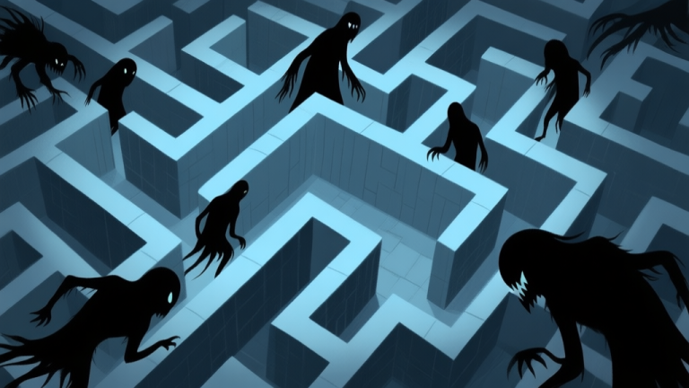 自动生成图片: A top-down view of a dark, intricate maze corridor with multiple shadowy monster silhouettes approaching from different intersections, creating a feeling of being surrounded, soft blue and grey color palette high quality illustration, detailed, 16:9