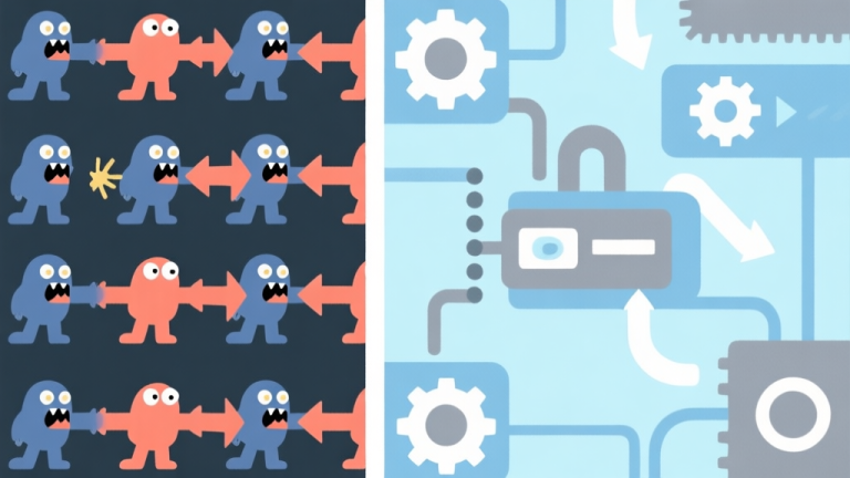 自动生成图片: A split-screen illustration showing a repetitive game task on one side (like a character hitting the same monster) and an abstract, automated process on the other side with gears and arrows, in a soft blue and grey color scheme, flat design style high quality illustration, detailed, 16:9