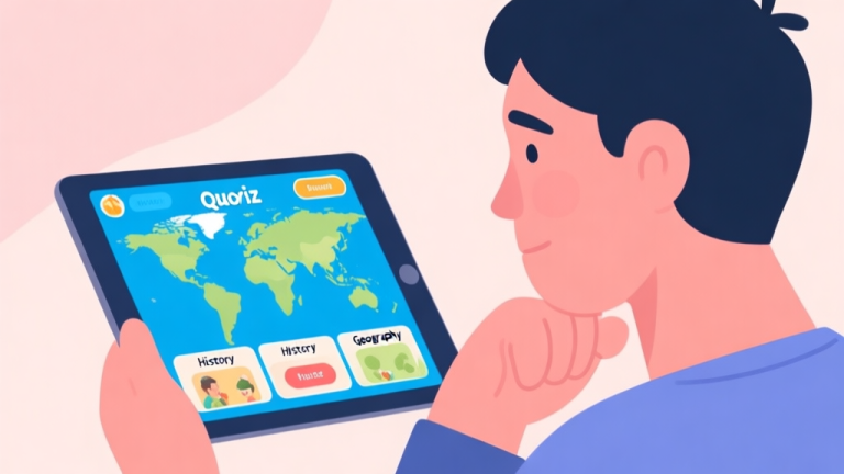 自动生成图片: A person looking thoughtfully at a tablet showing a world quiz game interface with categories like history and geography, soft pastel background, flat illustration style high quality illustration, detailed, 16:9