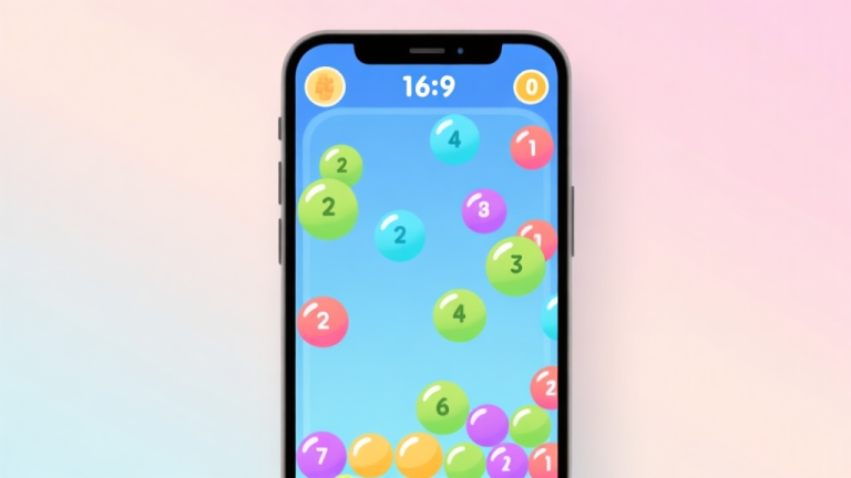 自动生成图片: A clean, minimalist illustration of a smartphone screen showing a colorful bubble shooter game interface with numbered bubbles, soft pastel background, flat design style high quality illustration, detailed, 16:9