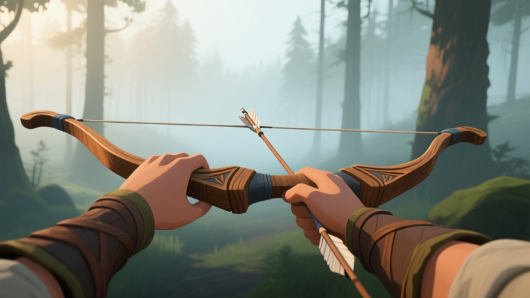自动生成图片: A serene, stylized game scene showing a first-person view of a character's hands holding a beautifully crafted wooden bow against a misty forest backdrop, arrow nocked and ready, soft morning light filtering through trees high quality illustration, detailed, 16:9