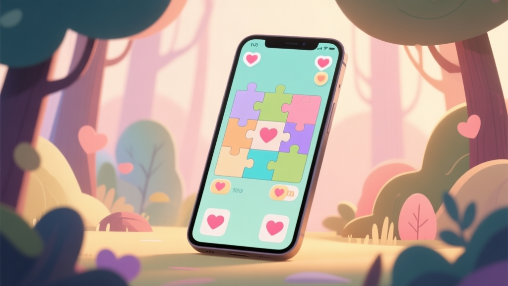 A cozy, illustrated scene of a puzzle game interface on a mobile device, showing abstract forest elements and heart-shaped icons, soft pastel color palette, warm lighting high quality illustration, detailed, 16:9