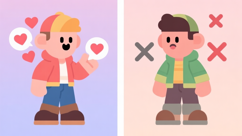 A split-screen illustration showing a game character in two different outfits, one receiving positive reactions with heart icons and the other receiving negative reactions with crossed-out symbols, soft pastel color palette, flat design style high quality illustration, detailed, 16:9