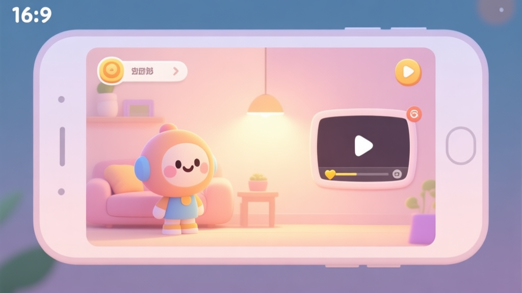 A cozy, inviting mobile game interface showing a friendly character on one side and a small video player window on the other, soft pastel colors, warm lighting, minimalist design high quality illustration, detailed, 16:9