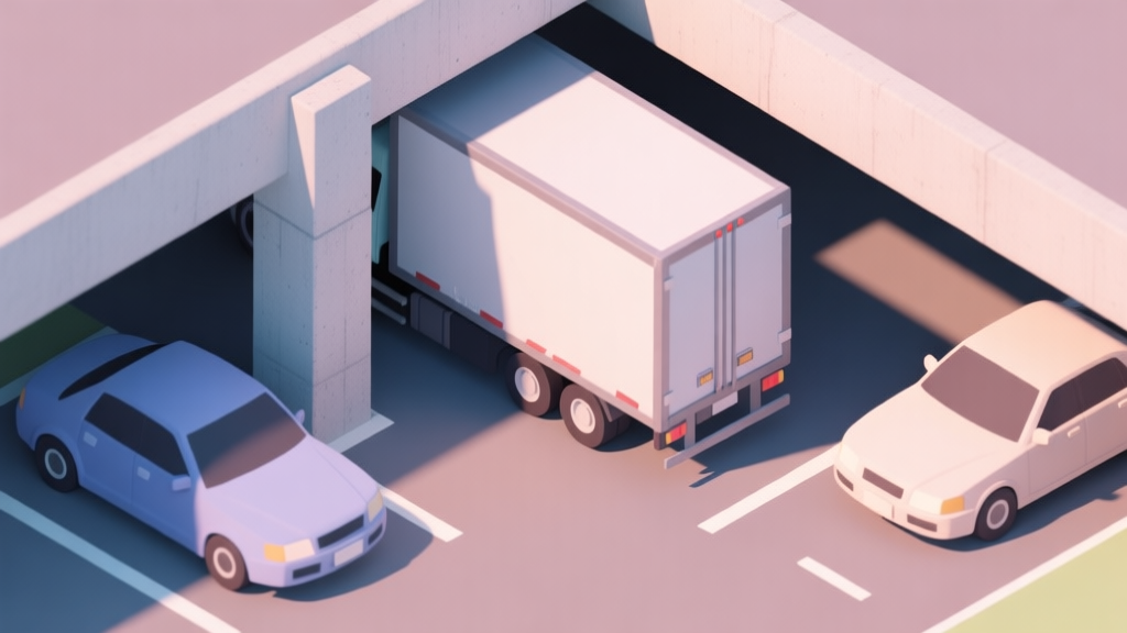 A top-down view of a challenging 3D parking lot scene with a large delivery truck trying to fit into a narrow space between two cars and a concrete pillar, soft shadows, isometric view, pastel color palette high quality illustration, detailed, 16:9