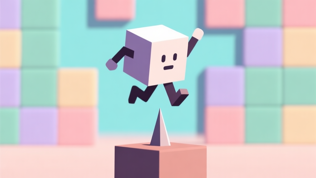 A minimalist game screenshot style of a geometric cube character mid-jump over a spike obstacle, with a simple background of alternating colored blocks, soft pastel colors, clear visual hierarchy high quality illustration, detailed, 16:9