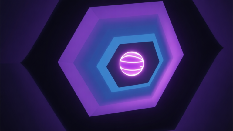 自动生成图片: A glowing neon ball suspended in a dark, abstract geometric tunnel with soft purple and blue gradient lighting, minimalist video game concept art high quality illustration, detailed, 16:9