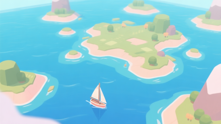 自动生成图片: A serene, top-down view of a stylized game map with islands scattered across a calm blue ocean, a small sailboat in the foreground, soft pastel color palette, minimalist game art style high quality illustration, detailed, 16:9