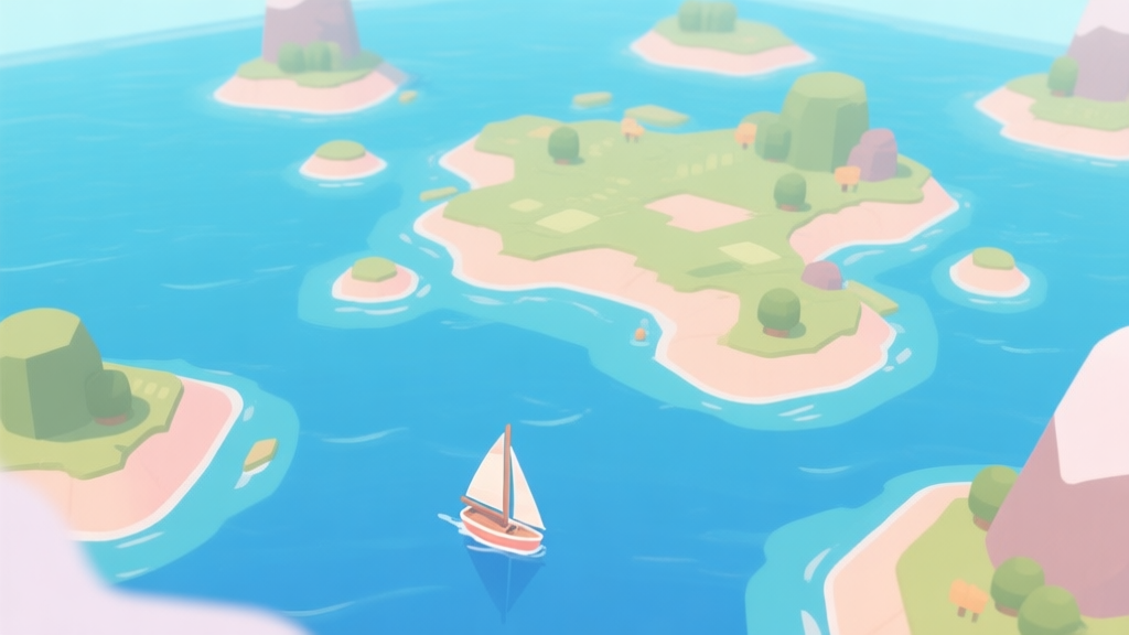 A serene, top-down view of a stylized game map with islands scattered across a calm blue ocean, a small sailboat in the foreground, soft pastel color palette, minimalist game art style high quality illustration, detailed, 16:9