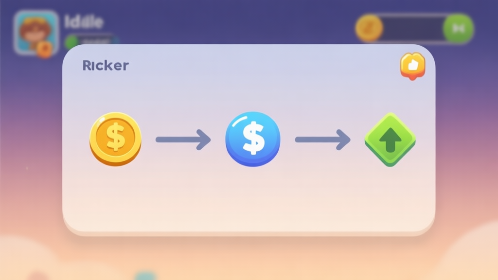 A minimalist game UI overlay showing a simple resource flow chart for an idle clicker game, with icons for coins, clicks, and upgrades connected by arrows, on a soft gradient background high quality illustration, detailed, 16:9