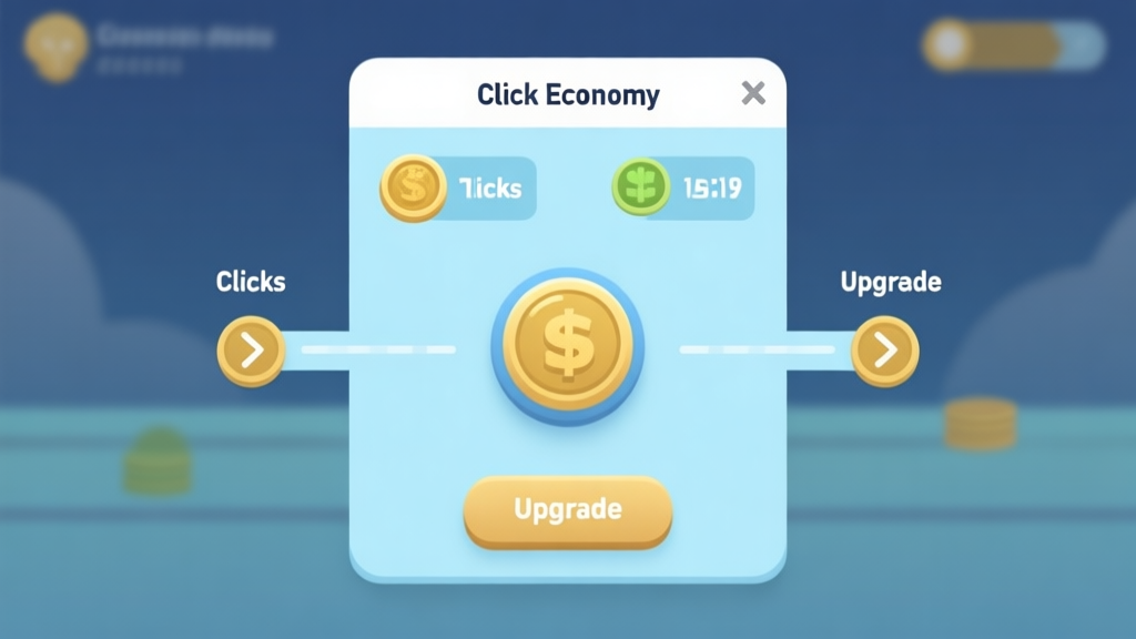 A minimalist game UI overlay showing a simple clicker game economy: a central button, resource counters for "Clicks" and "Currency", and two upgrade paths branching out, flat design with soft blues and golds high quality illustration, detailed, 16:9