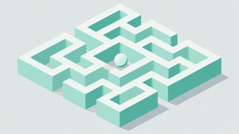 自动生成图片: A minimalist isometric illustration of a complex puzzle maze with a single ball at the starting point, soft pastel colors like mint green and light grey, clean lines, flat design style high quality illustration, detailed, 16:9