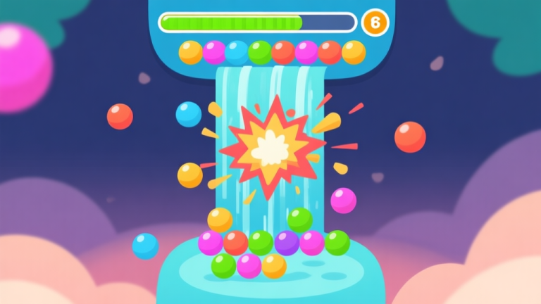 自动生成图片: A vibrant, stylized game screen of a color-matching ball puzzle game, showing cascading combos and satisfying explosions, with a progress bar nearly full, in a flat illustration style with soft colors high quality illustration, detailed, 16:9