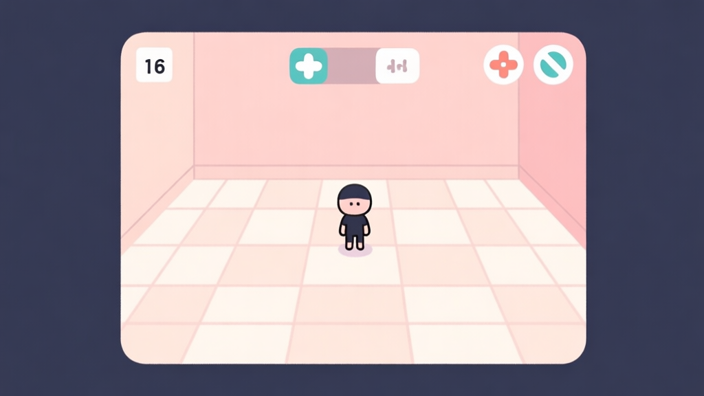 A calm, minimalist game interface illustration showing basic control icons (d-pad, action buttons) and a simple character on a grid-like floor, with soft pastel colors and clear labels high quality illustration, detailed, 16:9
