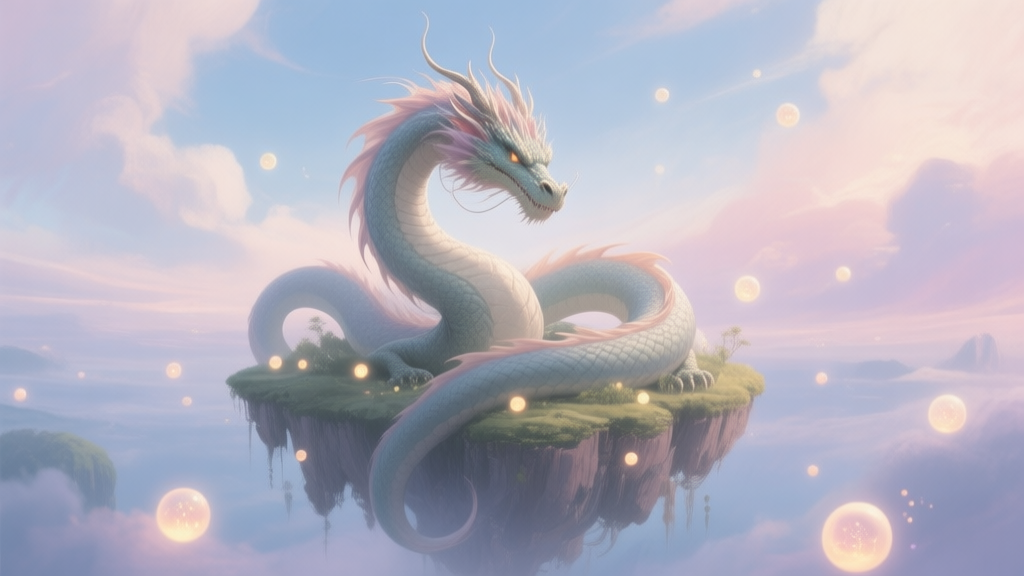 A majestic, serene dragon coiled around a floating island in a fantasy sky, with tiny glowing orbs representing creation, soft pastel colors, ethereal lighting, digital painting style high quality illustration, detailed, 16:9