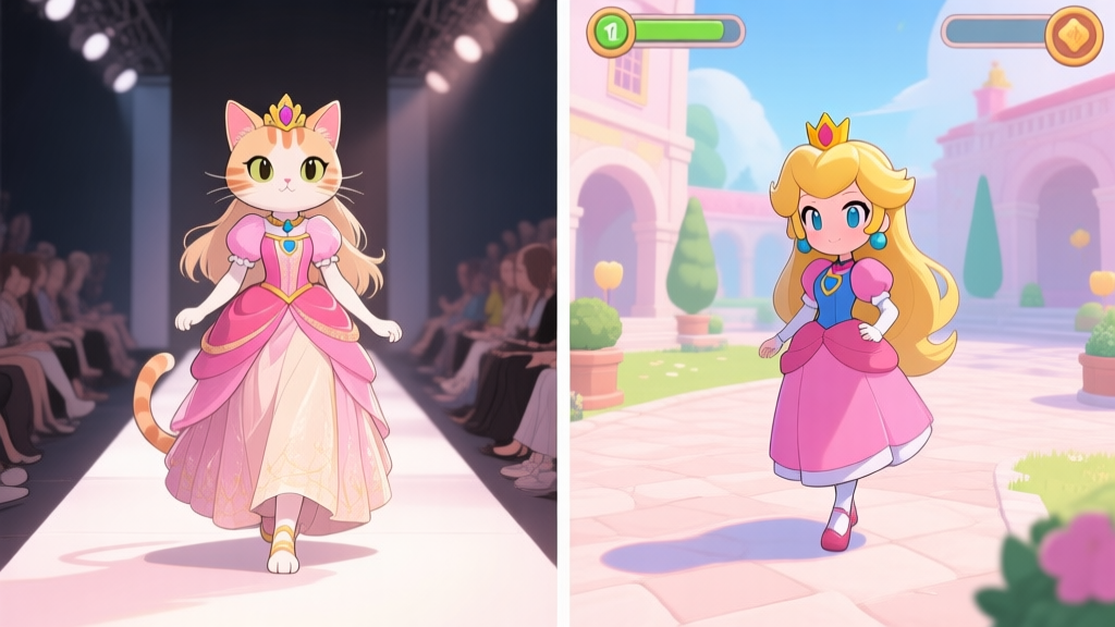 A split-screen illustration showing a glamorous princess catwalk scene on one side and a casual, stylish princess character in a game courtyard on the other, soft pastel color palette, anime-inspired game art style high quality illustration, detailed, 16:9