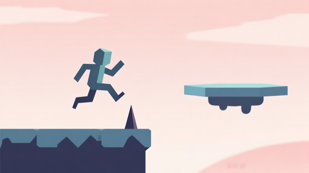 A minimalist side-scrolling game scene showing a simple geometric character mid-jump over a spike, with a new floating platform in the background, soft pastel colors, clean lines high quality illustration, detailed, 16:9