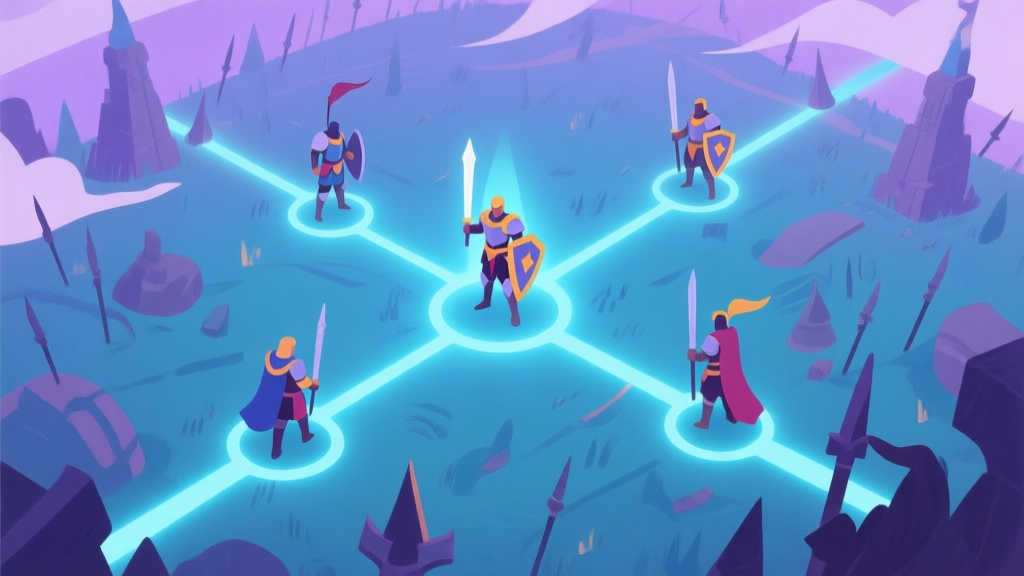 A top-down view of a fantasy battlefield with glowing connection lines between hero figures, soft blues and purples, flat design style high quality illustration, detailed, 16:9