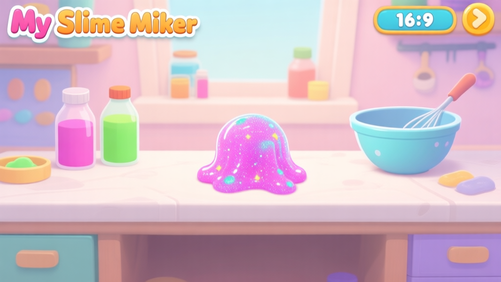 A cozy, inviting game interface screenshot of My Slime Mixer, showing a clean workbench with colorful ingredient bottles, a mixing bowl, and a perfectly formed glittery slime in the center, soft pastel background high quality illustration, detailed, 16:9