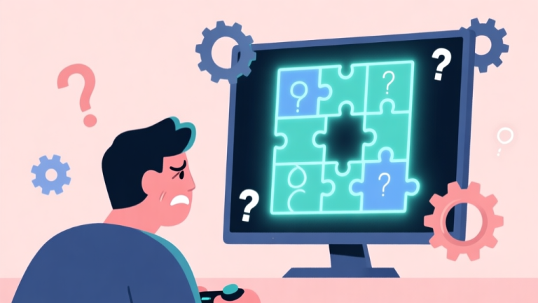 自动生成图片: A minimalist illustration of a frustrated gamer looking at a complex, glowing puzzle grid on a screen, with question marks and gears floating around, in a soft pastel color palette high quality illustration, detailed, 16:9