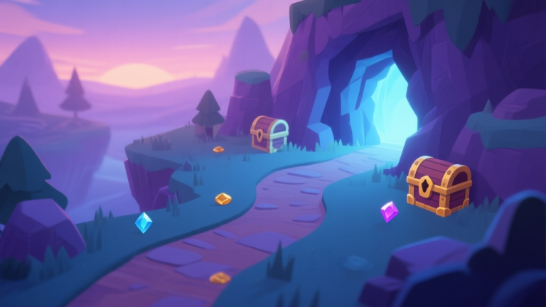 自动生成图片: A serene, isometric view of a fantasy game landscape at dusk, showing a winding path leading towards a glowing cave entrance, with subtle loot icons like chests and gems subtly embedded in the environment, soft color palette of purples and blues high quality illustration, detailed, 16:9
