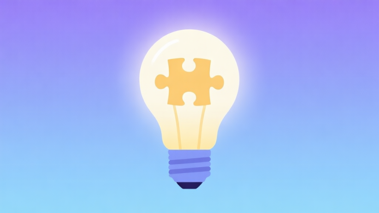 自动生成图片: A minimalist illustration of a glowing lightbulb with puzzle pieces fitting together inside, on a soft gradient background of calming blues and purples, flat design style high quality illustration, detailed, 16:9