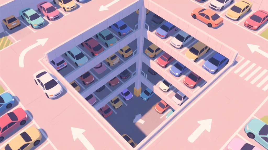 A top-down view of a challenging multi-level parking garage in a video game, with cars tightly packed and arrows showing potential paths, in a soft pastel color palette high quality illustration, detailed, 16:9