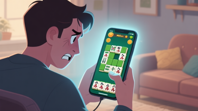 自动生成图片: A frustrated gamer looking at a smartphone screen showing a difficult Mahjong puzzle level, with a soft glow highlighting the unsolved tiles, in a cozy room setting, muted color palette high quality illustration, detailed, 16:9