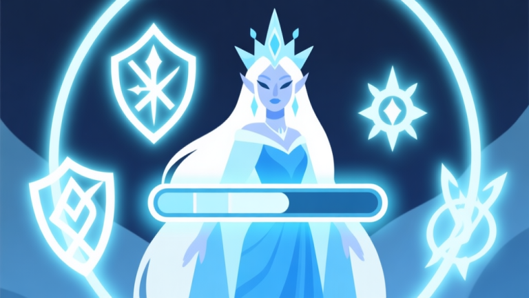 自动生成图片: A stylized illustration of a fantasy ice queen character with a low health bar, surrounded by glowing defensive and healing runes in soft blues and whites, flat design style high quality illustration, detailed, 16:9