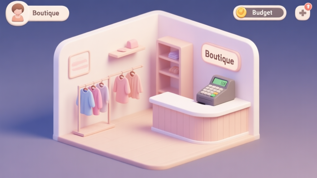 A cozy, minimalist game UI screen showing a new boutique setup with a small budget, featuring a simple counter, a few clothing racks, and a cash register, in soft pastel colors high quality illustration, detailed, 16:9