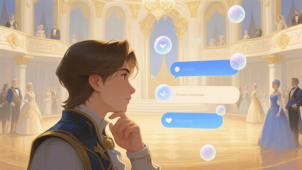 A soft, painterly illustration of a grand ballroom in a fantasy game, with elegant characters in the background, focusing on a player's avatar looking thoughtfully at dialogue options floating like ethereal bubbles, in a muted color palette of golds, blues, and creams high quality illustration, detailed, 16:9