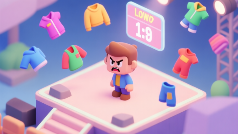 自动生成图片: A frustrated game character looking at a low score on a virtual stage, with mismatched colorful clothing items floating around, soft pastel color palette, isometric view high quality illustration, detailed, 16:9