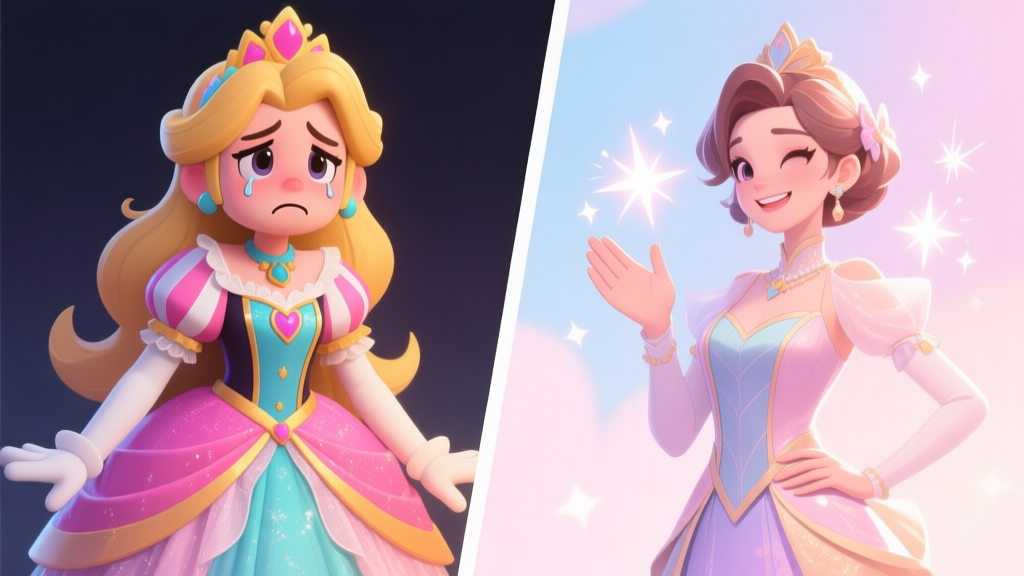 A split-screen illustration showing a disappointed game character in a mismatched, overly flashy princess outfit on one side, and a confident character in a harmonious, elegant outfit receiving praise and sparkles on the other, soft pastel color palette high quality illustration, detailed, 16:9