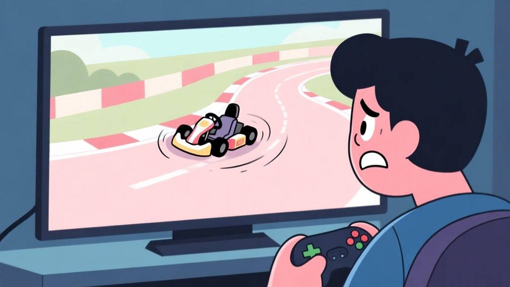 A frustrated beginner gamer looking at a screen showing a kart spinning out on a simple racetrack, soft pastel colors, cartoon style, clean lines high quality illustration, detailed, 16:9
