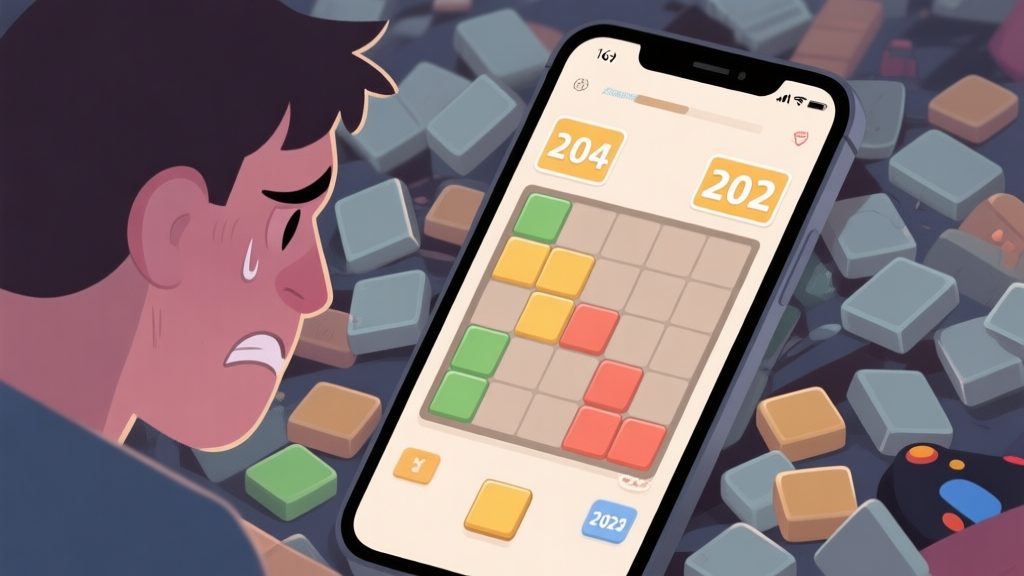 A frustrated gamer looking at a cluttered 2048 game board on a smartphone screen, with tiles in disarray and no clear merging path, soft muted color palette high quality illustration, detailed, 16:9