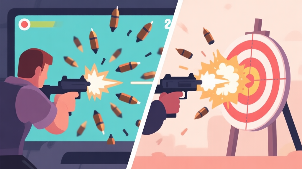 Split-screen game scene showing a player missing shots with chaotic bullet spread versus a player landing precise, controlled bursts on target, soft color palette, flat design style high quality illustration, detailed, 16:9
