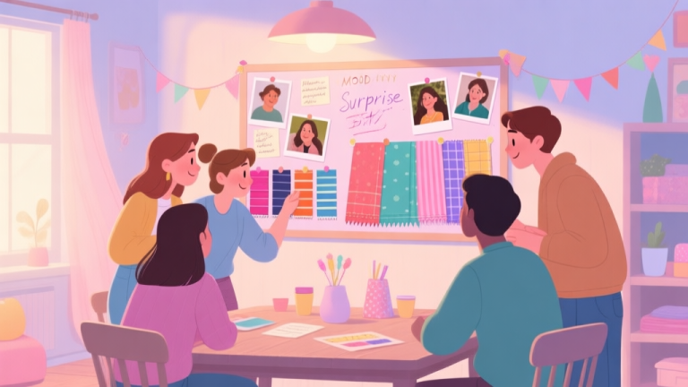 自动生成图片: A cozy, softly lit room with a group of friends gathered around a table, looking at a colorful mood board filled with fabric swatches, photos, and handwritten notes, planning a surprise party. Pastel color scheme. high quality illustration, detailed, 16:9