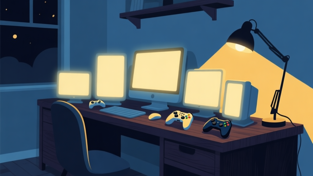 A cozy, softly lit scene of multiple glowing computer monitors and game controllers on a dark wooden desk at night, with warm light from a desk lamp, flat illustration style in muted blues and warm yellows high quality illustration, detailed, 16:9