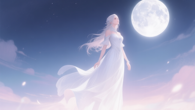 自动生成图片: A serene, elegant video game character in a flowing white dress standing under a moonlit sky, soft glow effect, pastel color palette, fantasy art style high quality illustration, detailed, 16:9