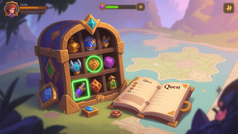 自动生成图片: A game screenshot style image showing a character inventory with various items highlighted, a quest log open beside it, and a faint map in the background, soft fantasy color palette high quality illustration, detailed, 16:9
