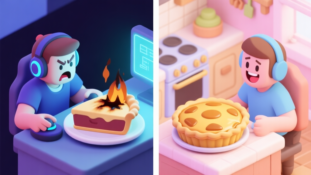 A split-screen illustration showing a frustrated gamer on one side with a burnt virtual pie, and a happy gamer on the other side with a perfect golden-brown pie in a cozy game kitchen, soft pastel colors, isometric view high quality illustration, detailed, 16:9