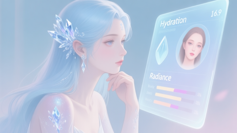 自动生成图片: A serene, elegant character with pale blue hair and crystalline details on her skin, looking thoughtfully at a translucent status screen showing beauty stats like "Hydration" and "Radiance", soft pastel color palette, digital painting style high quality illustration, detailed, 16:9