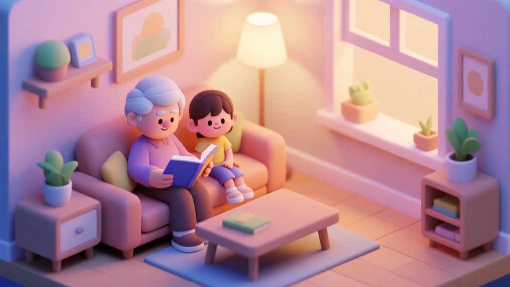 A cozy, isometric view of a virtual family living room in a life simulation game, with a cartoon-style older sibling character reading a book to a younger sibling on a sofa, warm lighting, soft pastel colors high quality illustration, detailed, 16:9