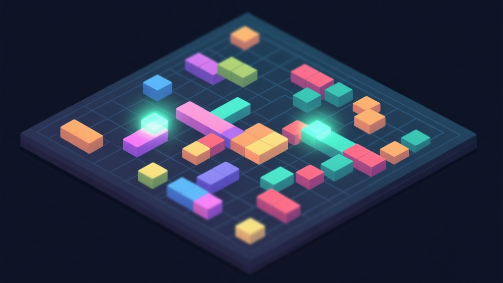 A top-down view of a complex puzzle game board with colorful blocks, some highlighted in soft glow to show potential matches, on a minimalist dark background with subtle grid lines high quality illustration, detailed, 16:9