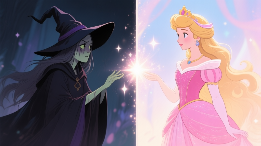A split-screen illustration showing a gloomy witch in dark robes on the left, and a radiant, elegantly dressed princess on the right, with a magical sparkle transitioning between them, soft fantasy color palette high quality illustration, detailed, 16:9