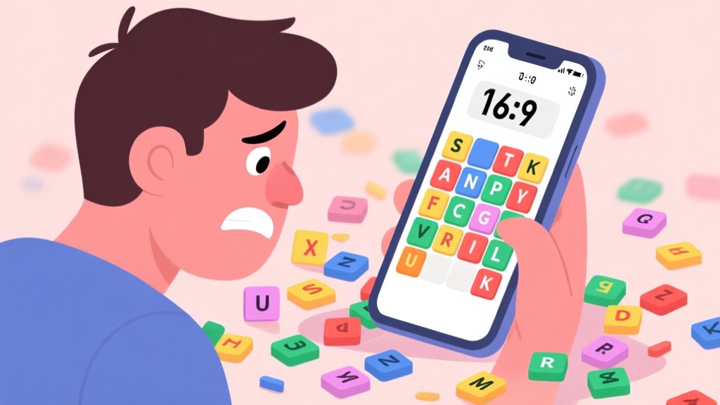 A frustrated player looking at a messy grid of colorful letter tiles on a mobile phone screen, with a timer counting down, in a soft pastel color palette high quality illustration, detailed, 16:9