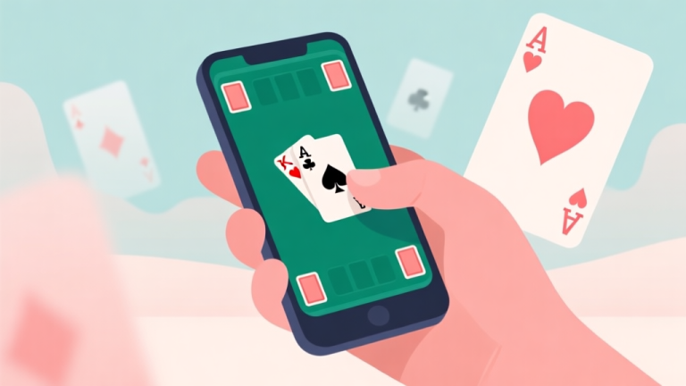 自动生成图片: A calming, minimalist illustration of a hand holding a smartphone with a solitaire game on screen, soft pastel background with abstract card shapes fading into the distance, flat design style high quality illustration, detailed, 16:9